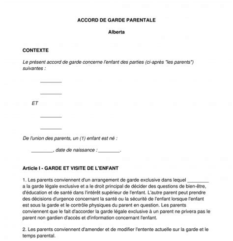 Accord de Garde Parentale  Modèle, Exemple Word et PDF