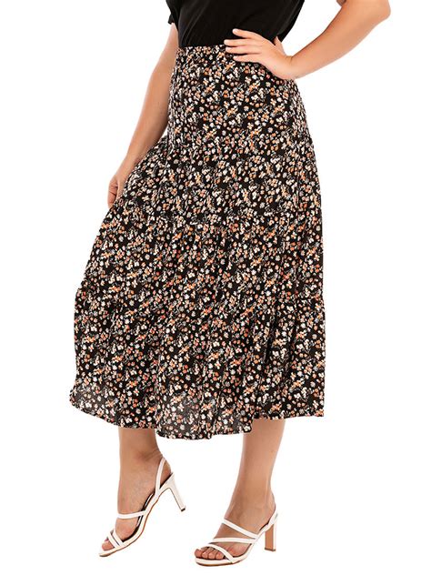 Plus Size Skirt For Women Floral Print Pleated Mid Calf Length Black