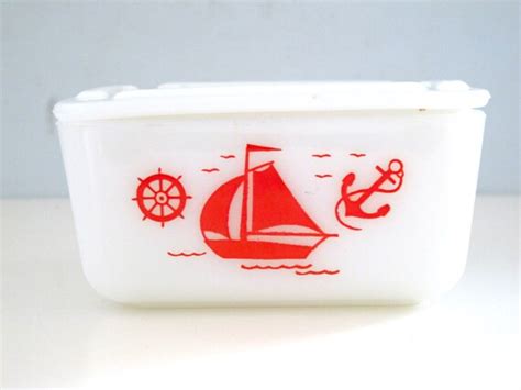 Vintage Mckee Red Sailboat Milk Glass Dish With Lid