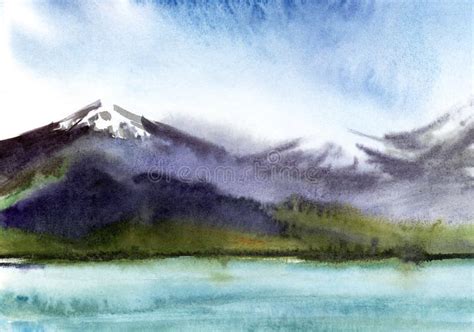 Watercolor Summer Landscape Of Mountains With Snowy Peaks Blurred