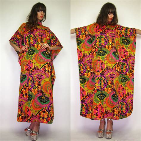 60s 70s psychedelic floral damask moo moo boho chic hippie caftan maxi dress cover up in 2022