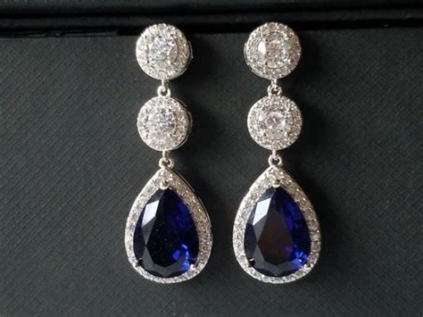 Navy Blue Crystal Earrings Blue Chandelier Bridal Earrings Sapphire