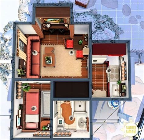 An Aerial View Of A Small House With Furniture And Kitchen In The
