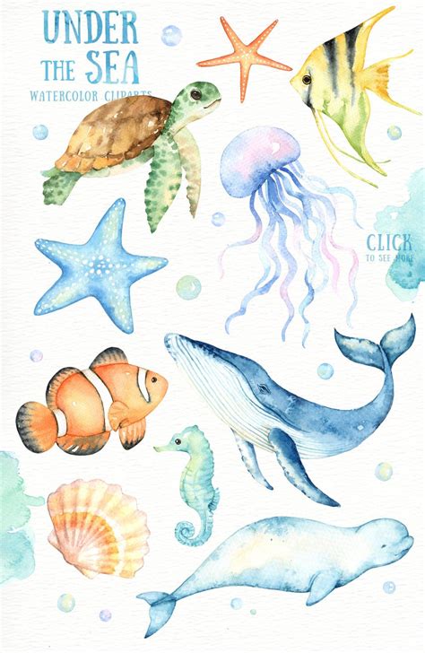 Under The Sea Watercolor Clipart Nursery Prints Nautical Etsy