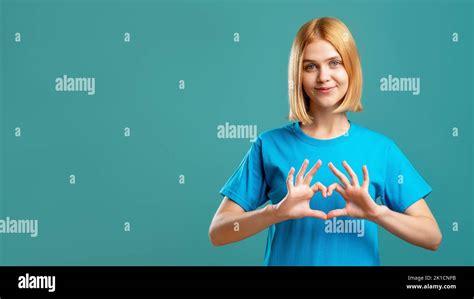 Supportive Woman Love Care Cheerful Lady In Blue T Shirt Showing