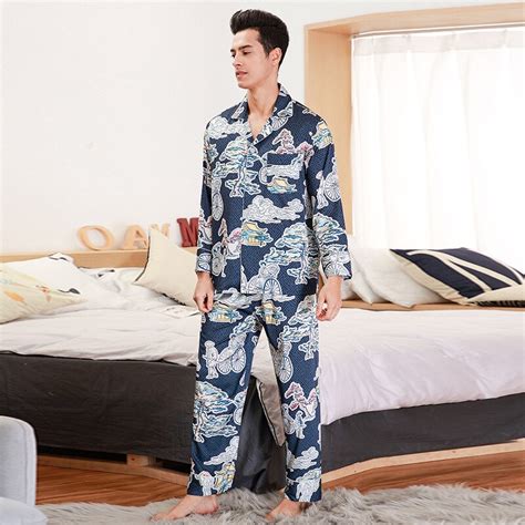 Autumn Luxury Silk Pajamas Mens Long Sleeve Printed