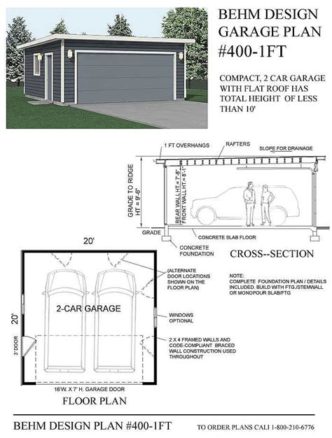 Compact Car Flat Roof Garage Plan Ft X By Behm Design Flat Roof Garage