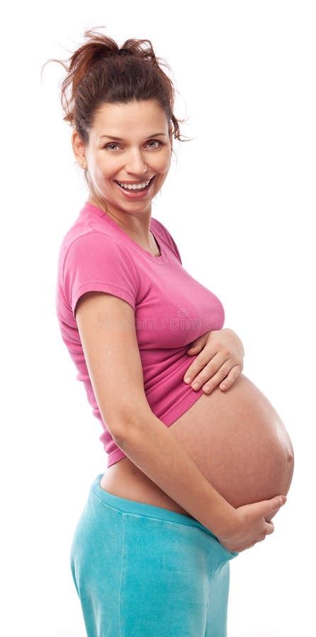 Smiling Pregnant Woman Holding Belly In Dress Stock Photo Image Of