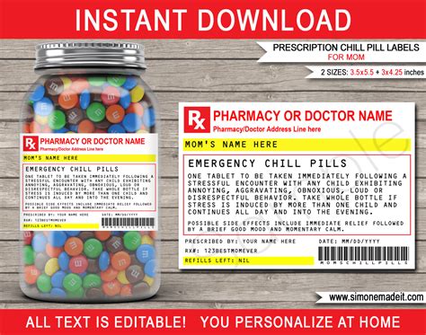 Print these label designs on b. Prescription Mom Chill Pills Label Template | Printable Funny Gag Gift