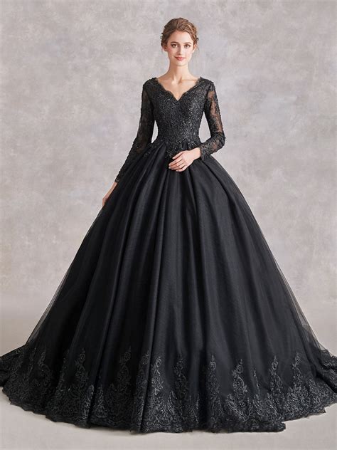 The Luxe Black Wedding Dress Black Lace Wedding Dress Black Ball Gown Long Sleeve Wedding