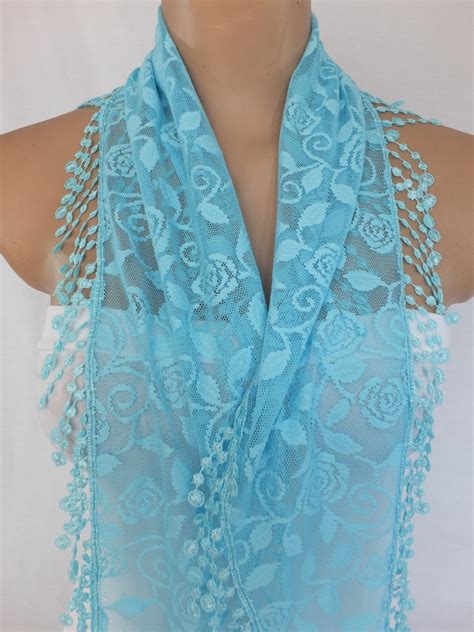 Light Blue Lace Scarf Cowl With Lace Trimsummer Scarf Neck Scarf