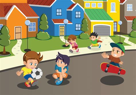 Niños de dibujos animados jugando al fútbol, corriendo y pateando la pelota en el patio de recreo. Over-Scheduling Kids... - Today's Kids in Motion Magazine