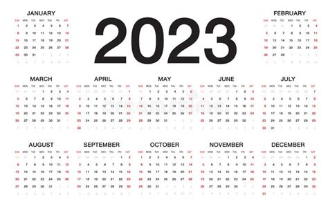 Calendar 2023 Week Starts From Sunday Business Template Stock Vector