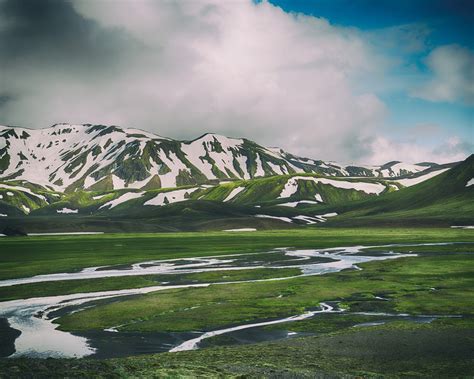 Landmannalaugar Iceland Mountains Snow Grass Water Wallpaper