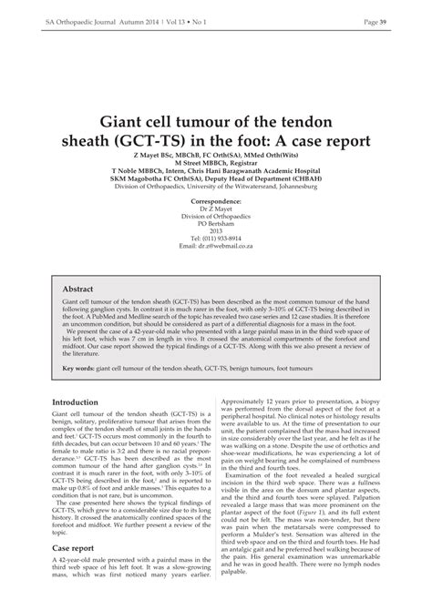Pdf Giant Cell Tumour Of The Tendon Sheath Gct Ts In The Foot A