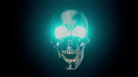Metallic Human Skull With Glowing Blue Eyes Looped Animation Motion