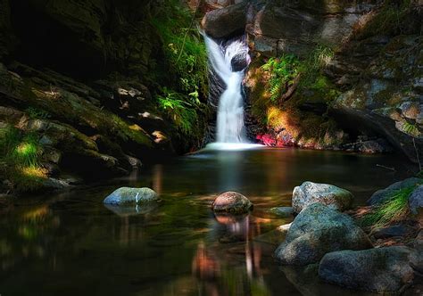 Stones Waterfall Moss Grass Creeks Long Exposure Lights Nature