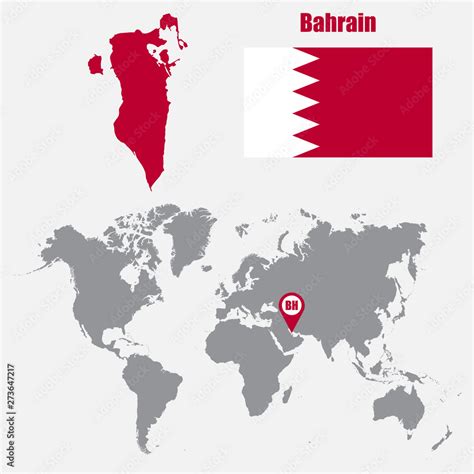 Bahrain Map On A World Map With Flag And Map Pointer Vector