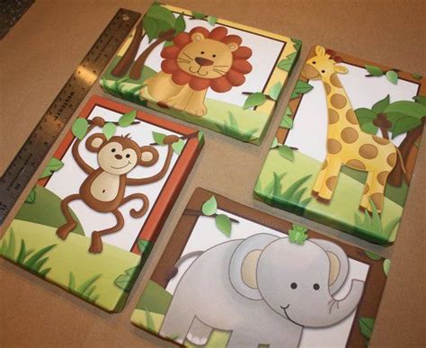 Set Of 4 Mini Jungle Animal Safari Stretched Canvases Baby Nursery