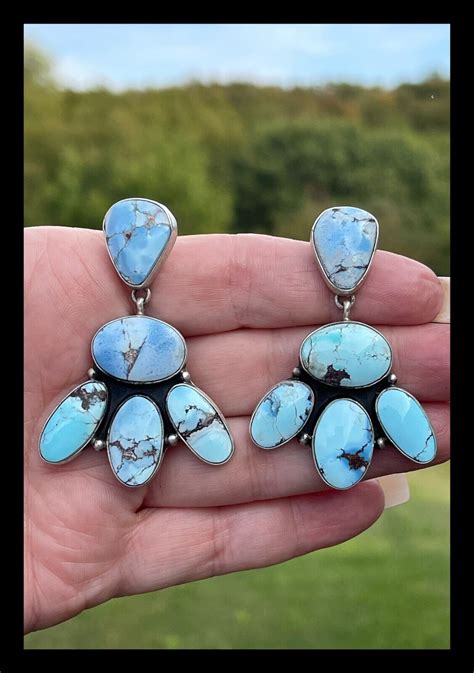 Navajo Golden Hill Turquoise Cluster Ss Earrings Bernita Begay Ebay