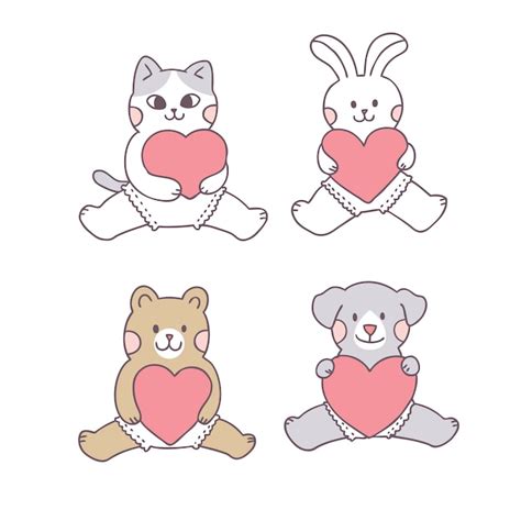 Premium Vector Cartoon Cute Valentines Day Baby Animals And Love