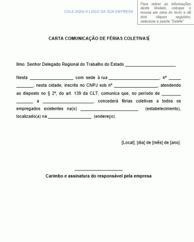 Referência Para Uma Carta De Comunicação De Férias Coletivas