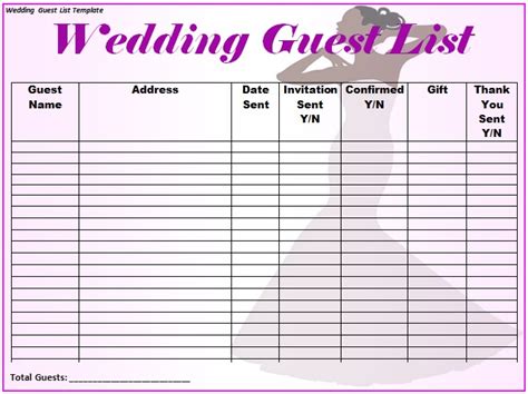 Printable Wedding Guest List Templates Wedding Planner Checklist