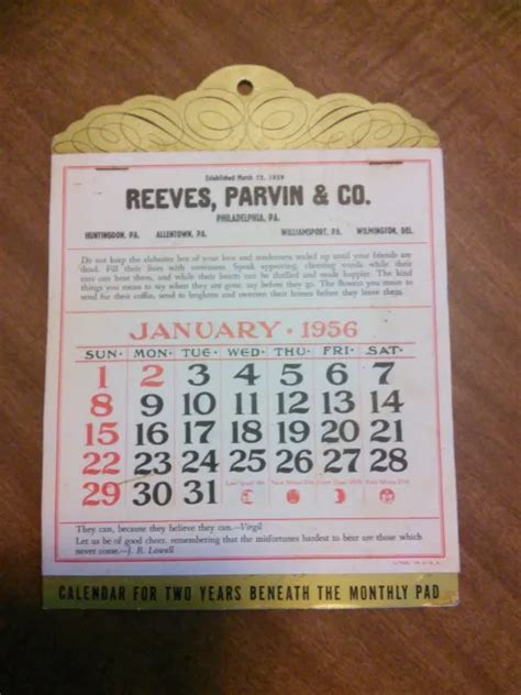Vintage 1956 Calendar Reeves Parvin And Co Philadelphia Pa 1499