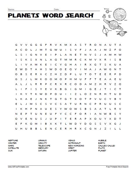 Planets Word Search Free Printable