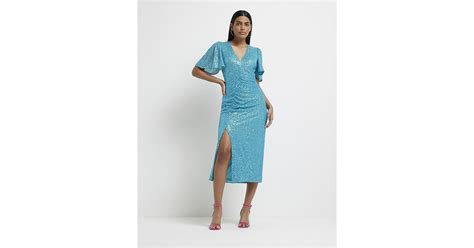 River Island Blue Sequin Ruched Bodycon Midi Dress Lyst Uk