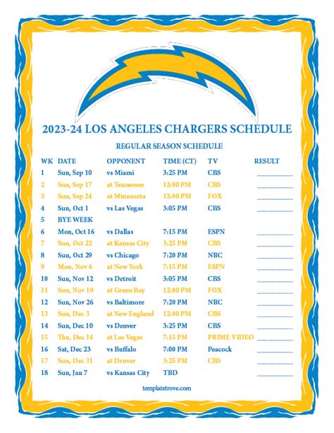 Printable 2023 2024 Los Angeles Chargers Schedule