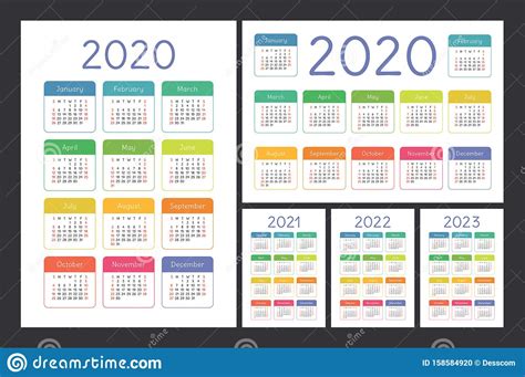 Calendar 2020 2021 2022 And 2023 English Color Vector Set Kid`s