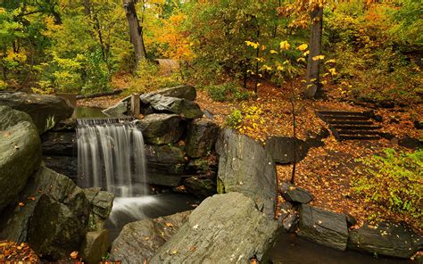 Images Foliage Nature Autumn Waterfalls Forests Stones 1920x1200