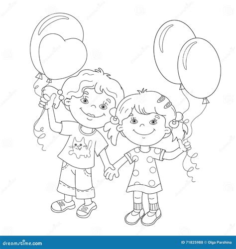 Coloring Page Outline Of Cartoon Girls With Balloons Vector