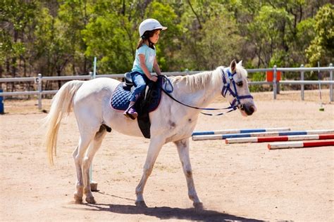 Image Of Little Girl Riding A White Pony In Dusty Yard At Riding School