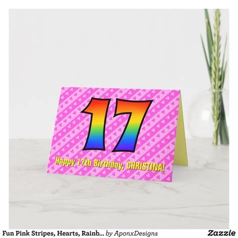 Fun Pink Stripes Hearts Rainbow 17th Birthday Card Birthday