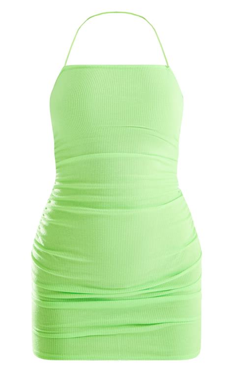 Lime Rib Sides Strappy Halterneck Bodycon Dress Prettylittlething Usa