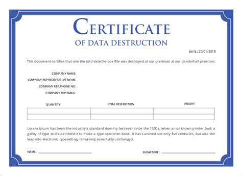 Free Certificate Of Destruction Template Professional Templates