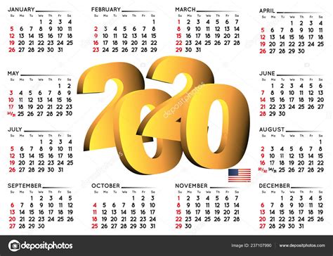 2020 Calendar English Usa Year 2020 Calendar Calendar 2020 Week — Stock