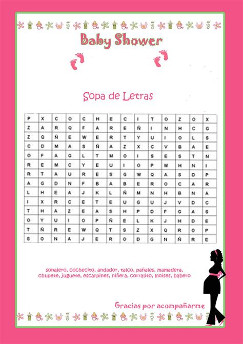 Puedes comprar un bingo para baby shower con ilustraciones relacionadas, o puedes crear tu propia versión. Sopa de letras para baby shower - Imagui