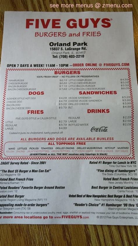 Online Menu Of Five Guys Restaurant Orland Park Illinois 60462 Zmenu