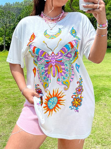 SHEIN Plus Dopamine Dressing Butterfly Floral Print Drop Shoulder Tee