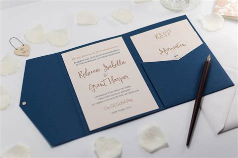 Calligraphy Wedding Invitation In Navy Blue Pocketfold