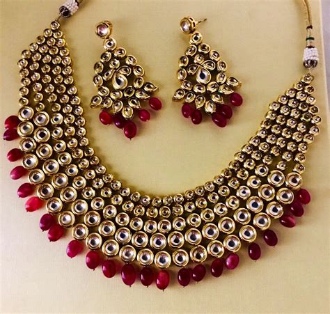 Urmi Gold Maroon Kundan Necklace Earrings Set Indian Bridal Pakistani Jewellery
