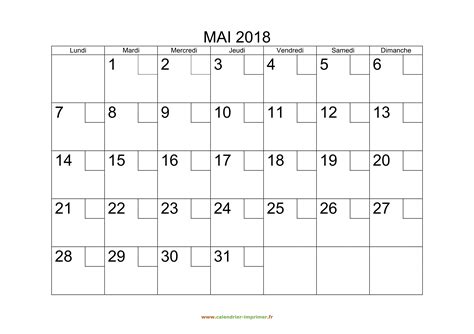 Calendrier Mai 2018 à Imprimer