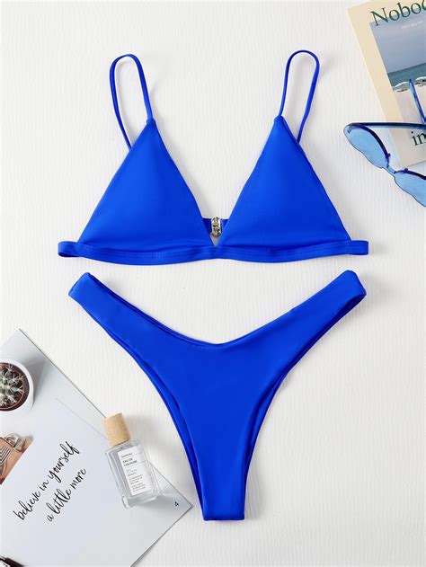 royal blue cute nylon plain bikinis embellished high stretch women beachwear high cut bikini