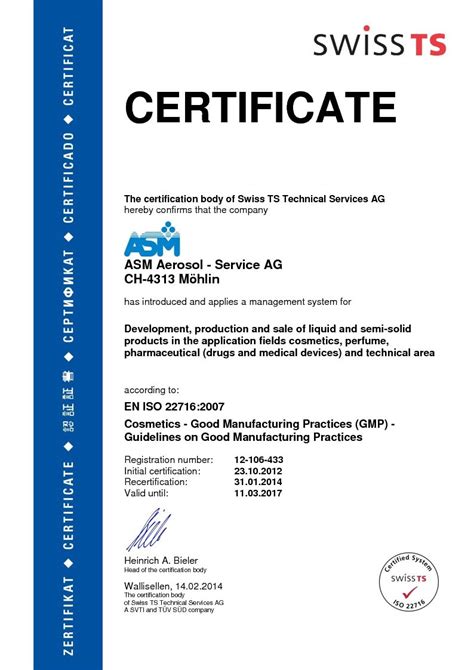 Certification Asm Aerosol Service Ag