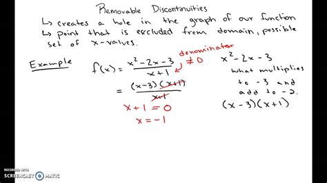 Removable discontinuities are characterized by the fact that the limit exists. Removable Discontinuity Example 1 - YouTube