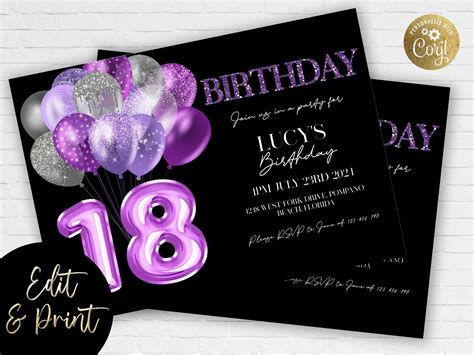 18th birthday invitation editable printable purple glitter etsy uk in 2022 glitter