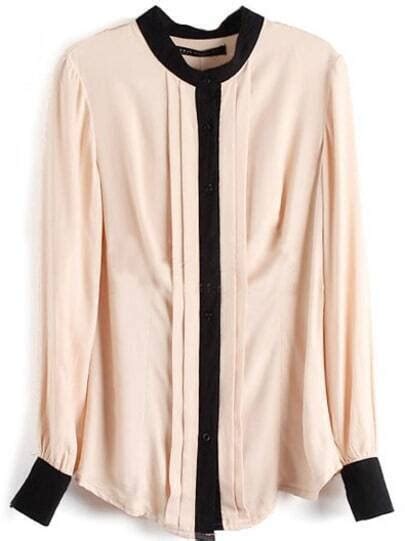 Apricot Long Sleeve Contrast Trims Pleated Blouse Sheinsheinside